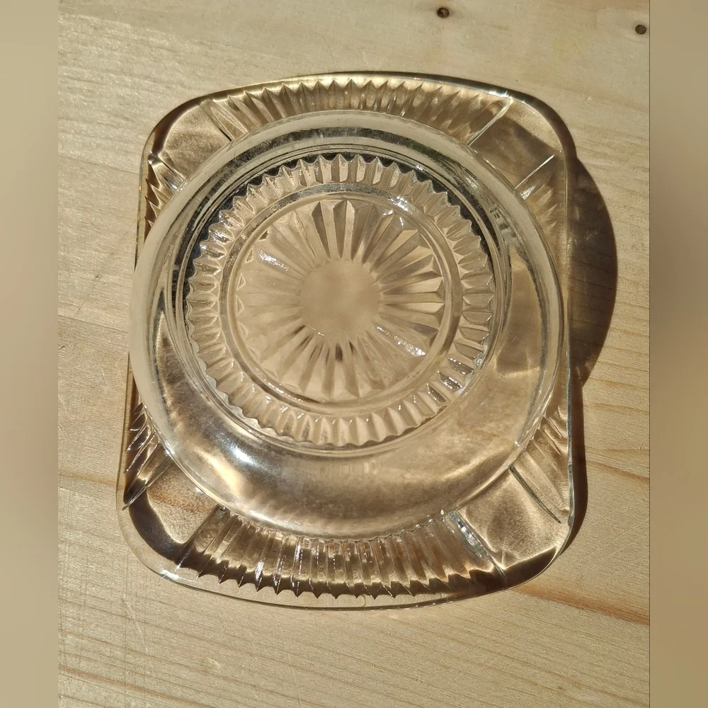 Vintage Clear Cut Glass Starburst Rectangular Ashtray Trinket Dish Candle Tray